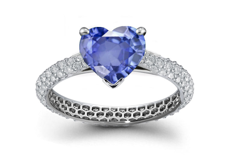 engagement ring with heart blue sapphire center and pave set diamond band