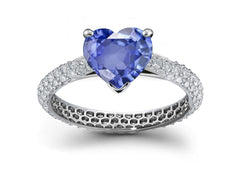 engagement ring with heart blue sapphire center and pave set diamond band