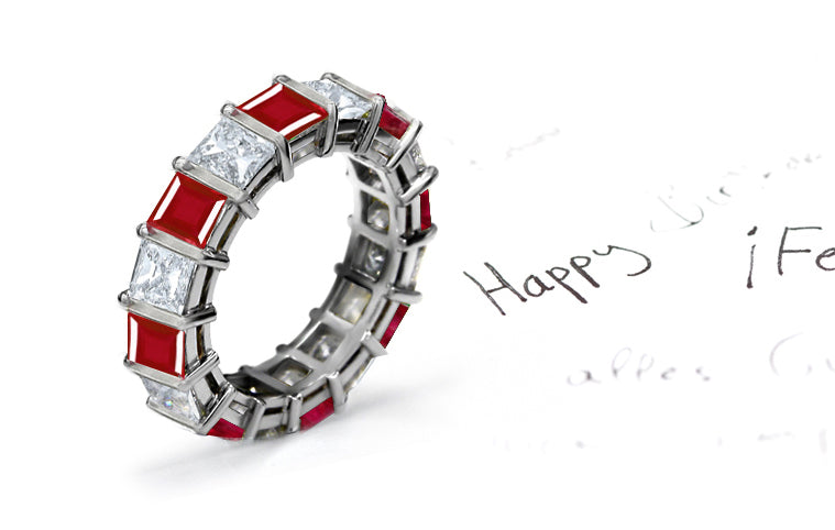 stackable eternity ring with alternating bar set square rubies and diamonds