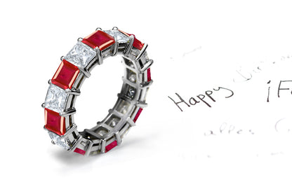 stackable eternity ring with alternating square rubies and diamonds