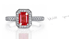 engagement ring handcrafted with emerald cut ruby center and diamond halo/band