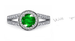 engagement ring handcrafted with round emerald center and diamond halo/band