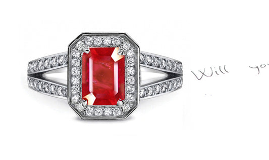 engagement ring handcrafted with emerald cut ruby center and diamond halo/band