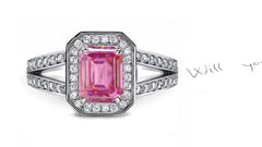 engagement ring handcrafted with emerald cut pink sapphire center and diamond halo/band