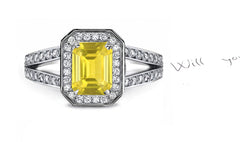 engagement ring handcrafted with emerald cut yellow sapphire center and diamond halo/band