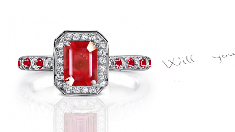 engagement ring handcrafted with emerald cut ruby center and diamond halo/band