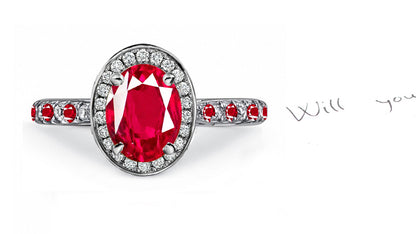 engagement ring handcrafted with oval ruby center and diamond halo/band