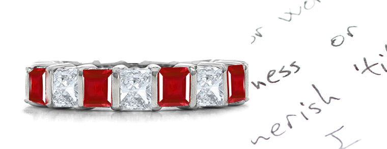 stackable eternity ring with alternating bar set square rubies and diamonds