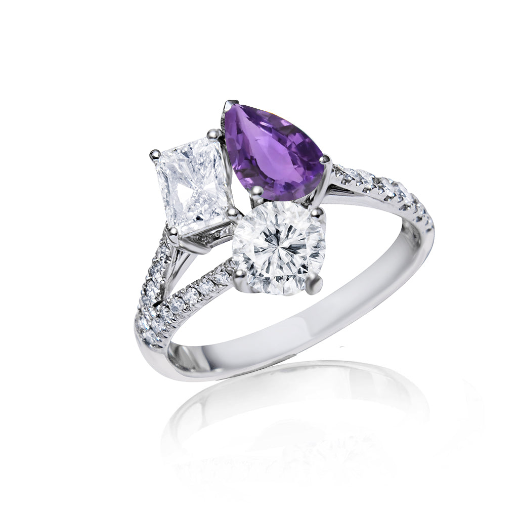 Custom made unique handcrafted non tradional diamond and purple sapphire engagement rings 2026 8