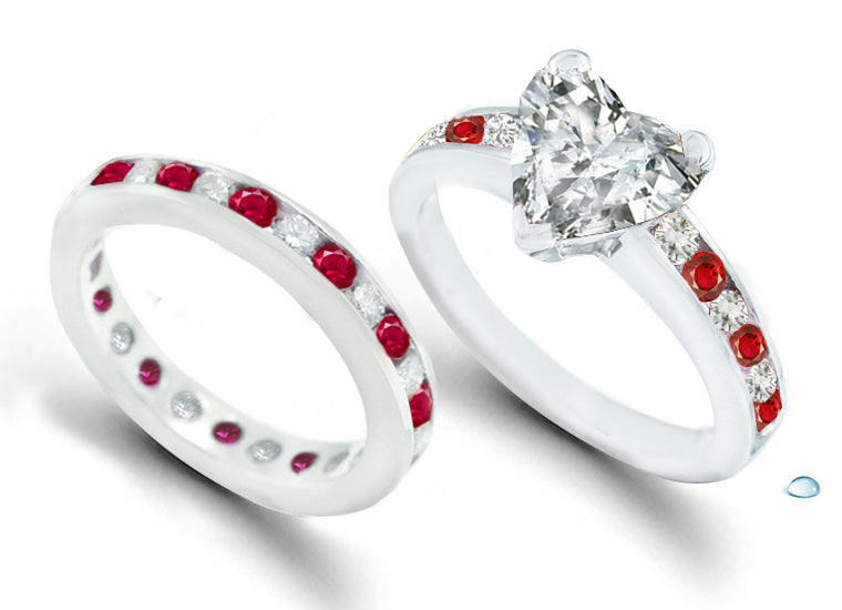 bridal set with heart diamond center and side round rubies and diamonds