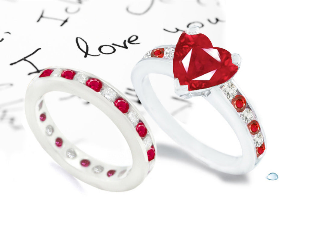 bridal set with heart ruby center and side round rubies and diamonds