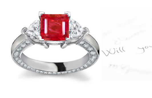 engagement ring handcrafted with square ruby center side diamond accents band