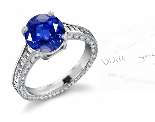 engagement ring with round blue sapphire center and diamond accents band