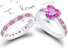 bridal set with heart pink sapphire center and side round pink sapphires and diamonds