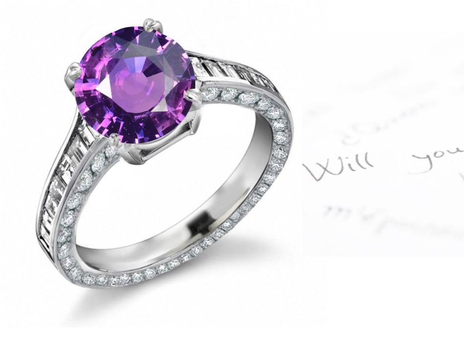 engagement ring with round purple sapphire center and diamond accents band