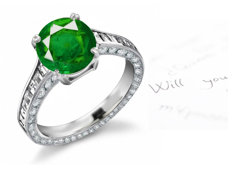 engagement ring with round emerald center and diamond accents band