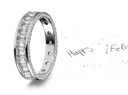 stackable eternity ring with baguette cut diamonds and side engraving