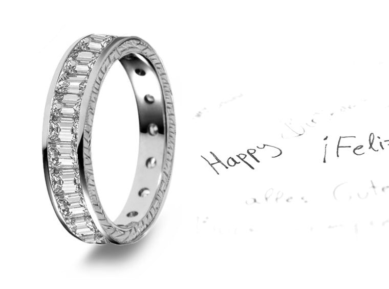 stackable eternity ring with baguette cut diamonds and side engraving