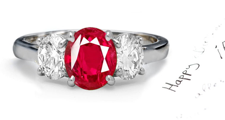 engagement ring three stone with oval ruby and side oval diamonds