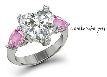 engagement ring three stone with heart diamond center and side pear pink sapphires