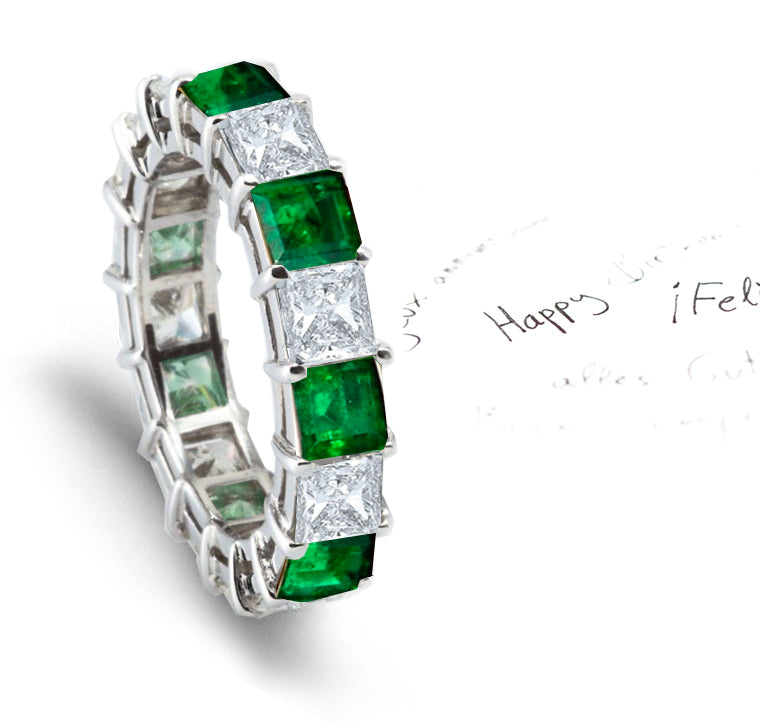 stackable eternity ring with alternating square emeralds and diamonds