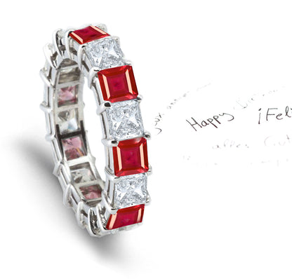 stackable eternity ring with alternating square rubies and diamonds