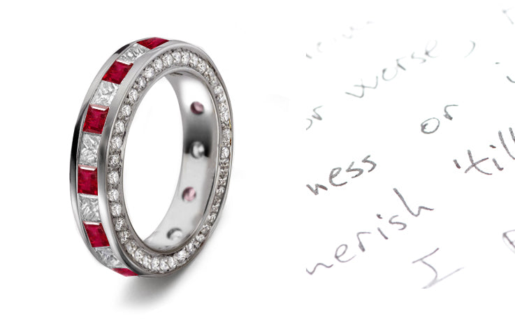 stackable eternity ring with alternating square rubies and diamonds