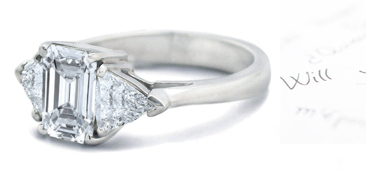 Three Stone Emerald Cut Diamond & Side Trillion Diamond Engagement Ring